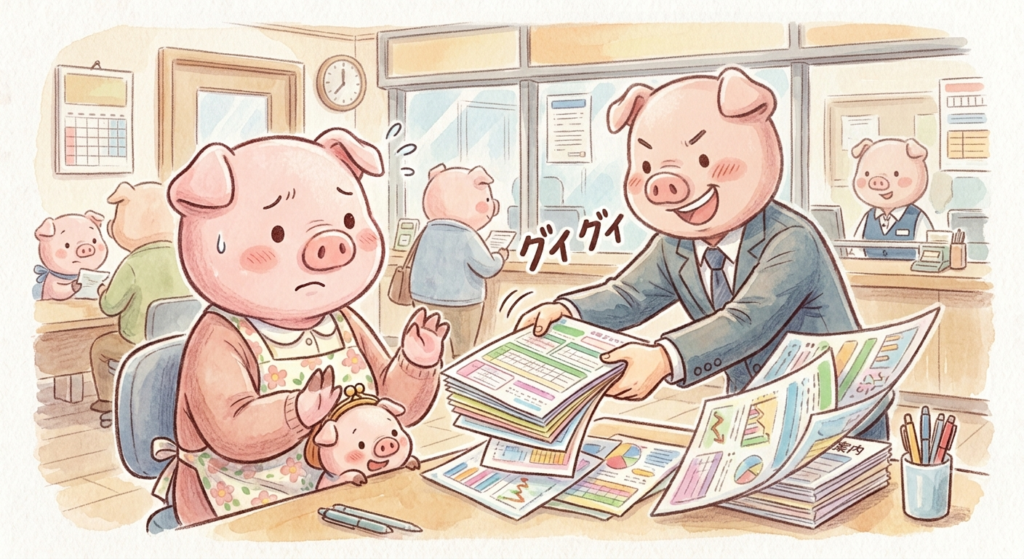 窓口で保険をグイグイ勧められて困るママブタのイラスト