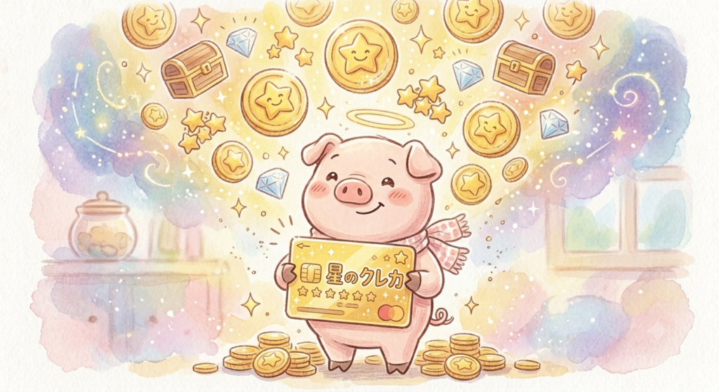 クレジットカードで積み立ててポイントがもらえるイメージのブタのイラスト