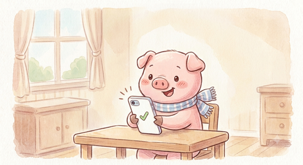 スマホで積立設定を完了させて喜ぶブタのイラスト